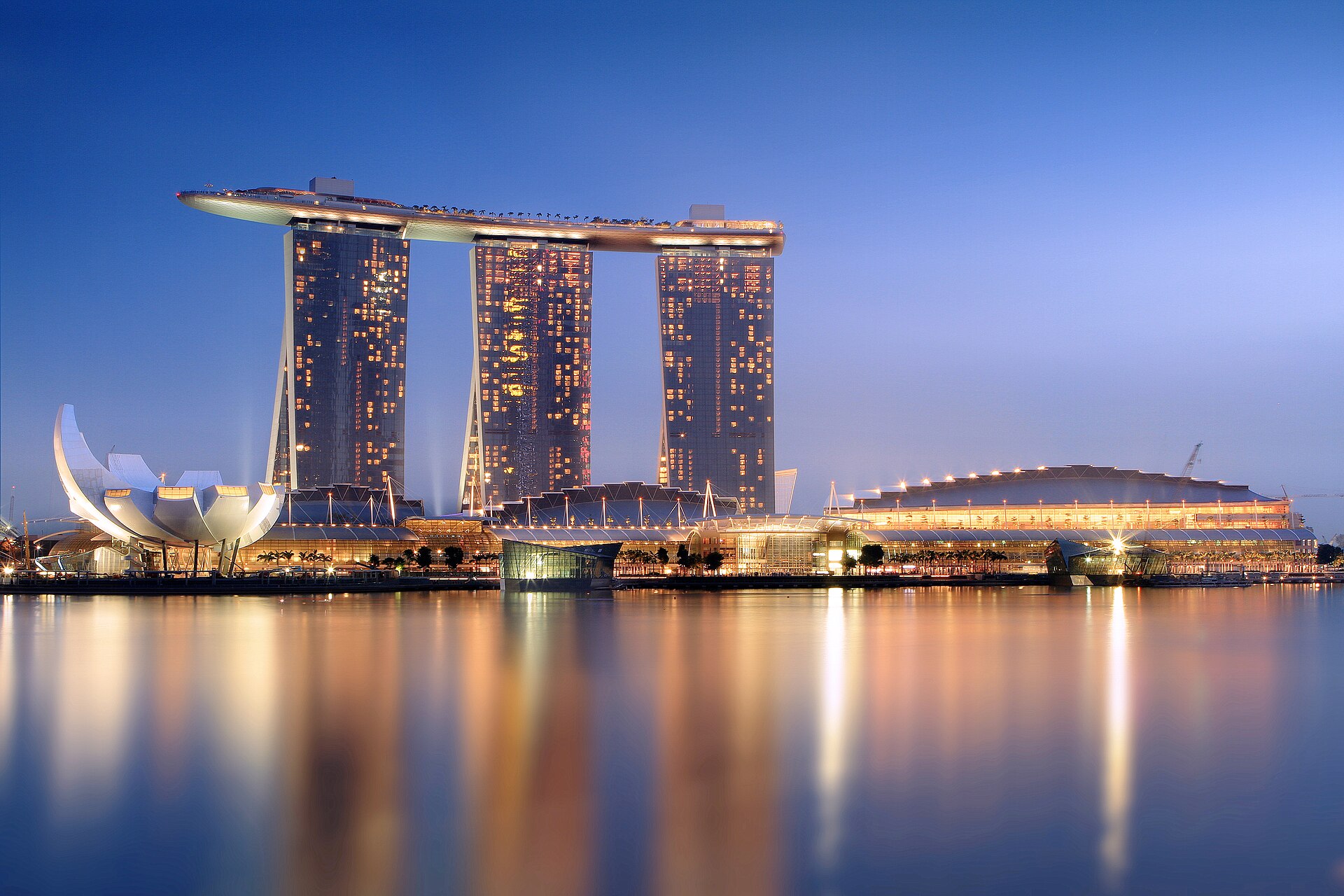 Marina Bay Sands across the water at blue hour